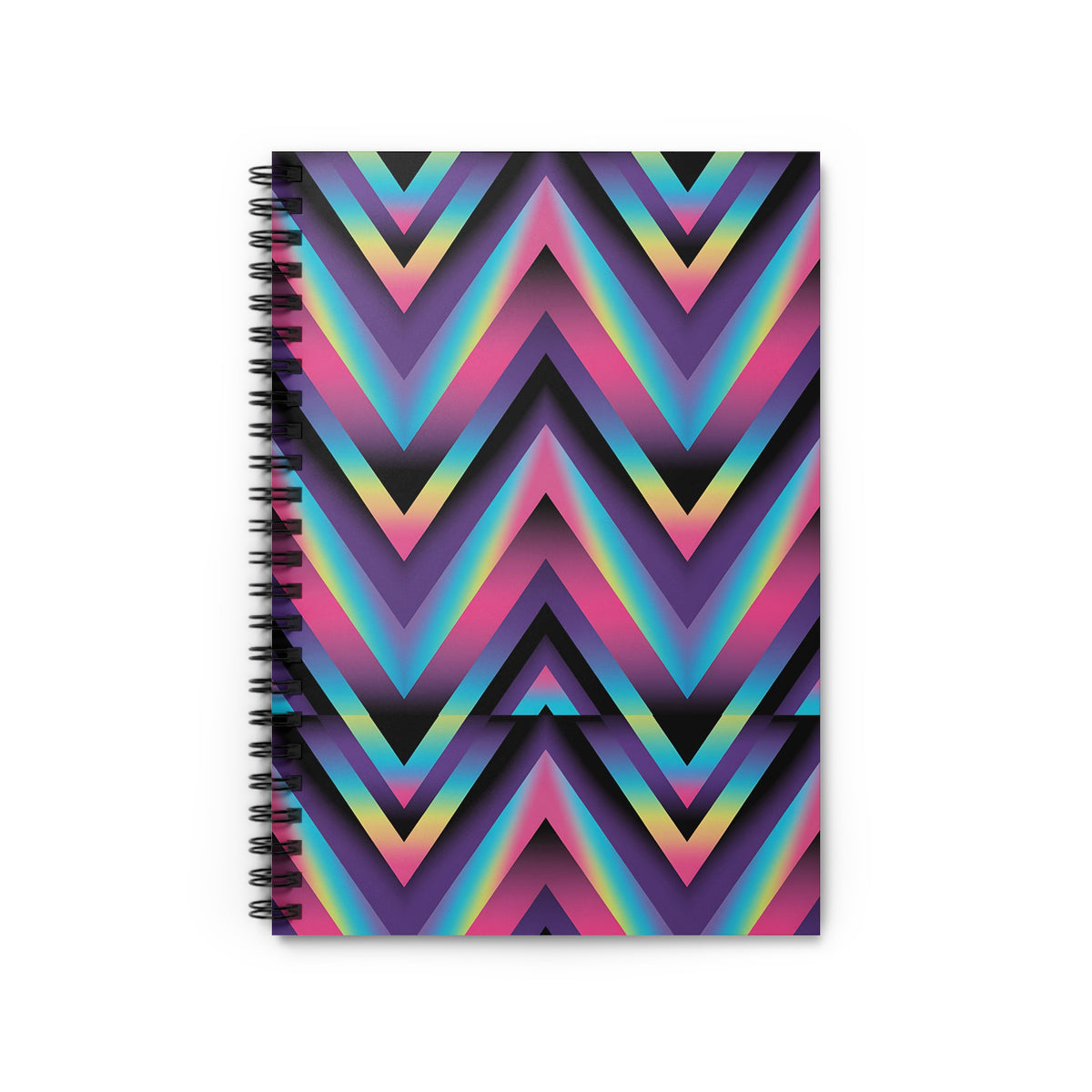 Spiral-bound notebook with a chevron pattern in rainbow gradient colors.