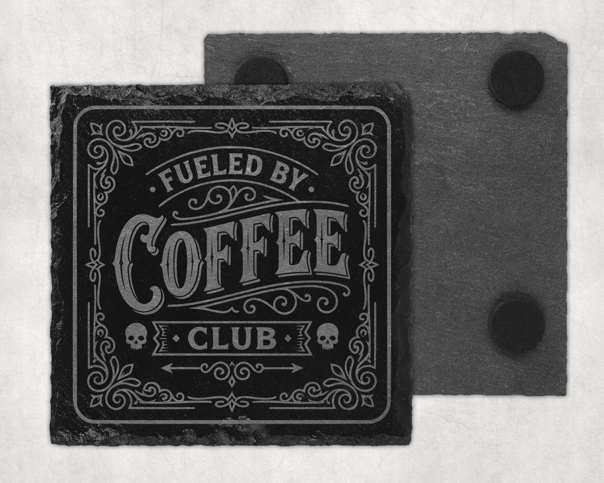 Slate coaster with "Fueled By Coffee Club" text and skull designs.