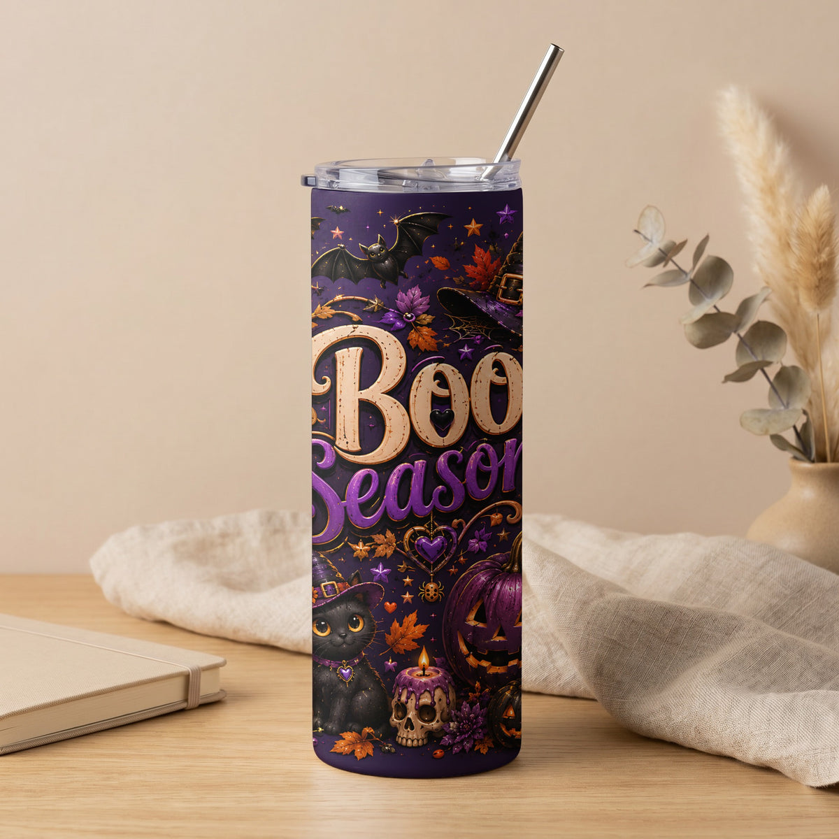 Halloween tumbler with "Boo Season" text, a black cat, pumpkins, bats, and witch hats.