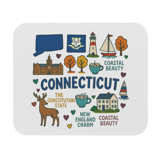 Connecticut state outline, flag, lighthouse, sailboat, buildings, deer, trees, and text.