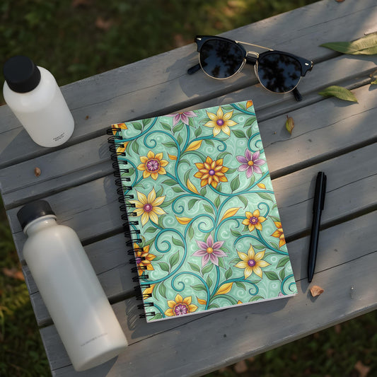 Spiral notebook with floral pattern on a wooden table with water bottles and sunglasses.