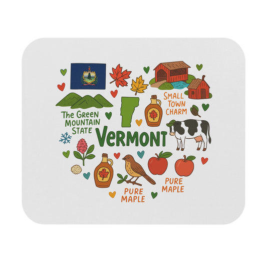 Vermont state art with flag, covered bridge, cow, apples, maple syrup, and text.