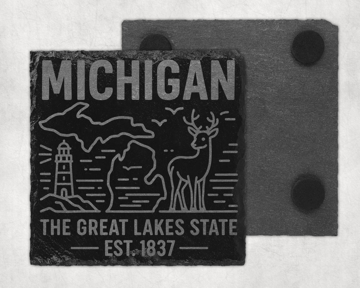 Slate coaster with Michigan outline, lighthouse, deer, and text.