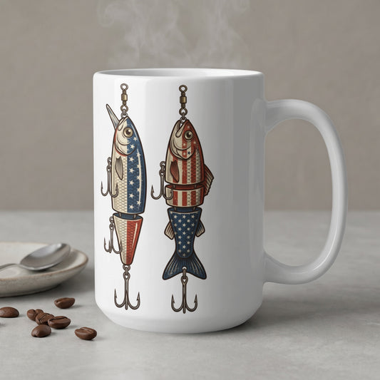 White mug featuring two fishing lures with American flag-inspired designs.