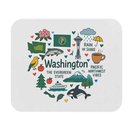 Washington State collage with iconic symbols including Space Needle, orca, and mountains.