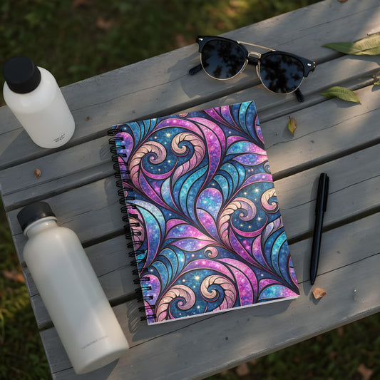Spiral notebook with abstract blue, pink, and purple cosmic swirl design.