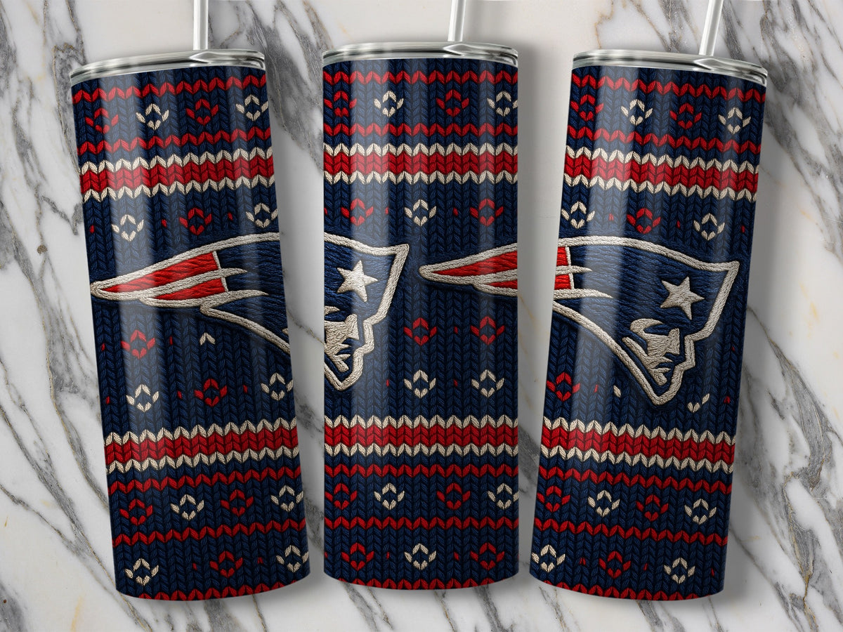Three New England Patriots tumblers with a knit pattern and logo.