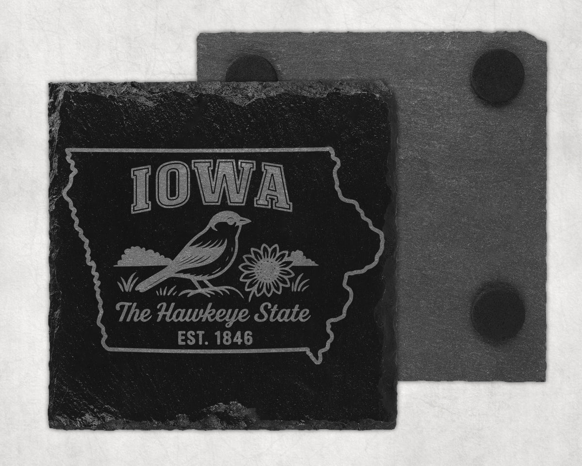 Iowa state outline coaster with bird, flower, and text: The Hawkeye State EST. 1846