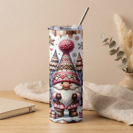 Gnome and Christmas tree design on a tumbler with a metal straw.