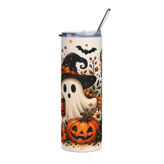 Tumbler with ghost, pumpkin, bat, and floral Halloween design.