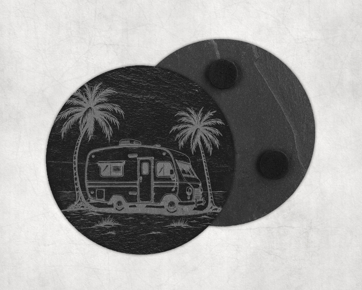 Round slate coaster with etched image of a vintage RV and palm trees.