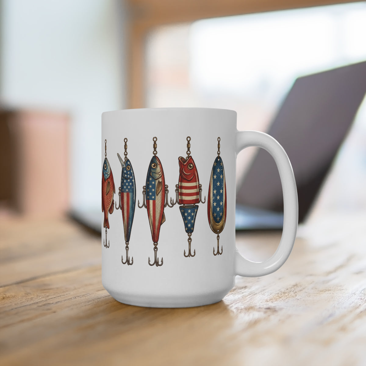 White mug with fishing lures decorated with American flag patterns.