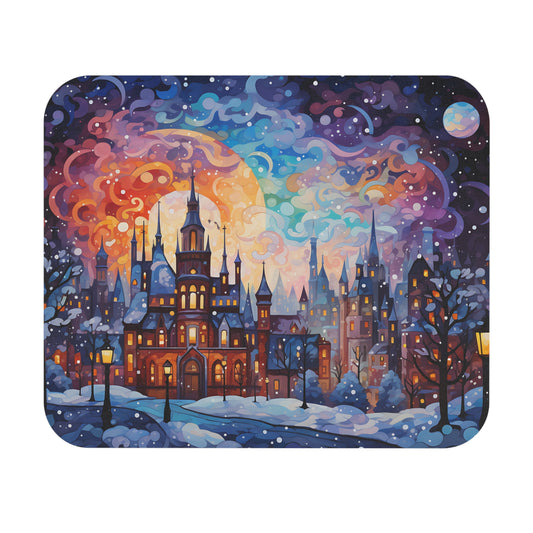 Whimsical city skyline with ornate buildings, snow, and a colorful, dreamlike sky.