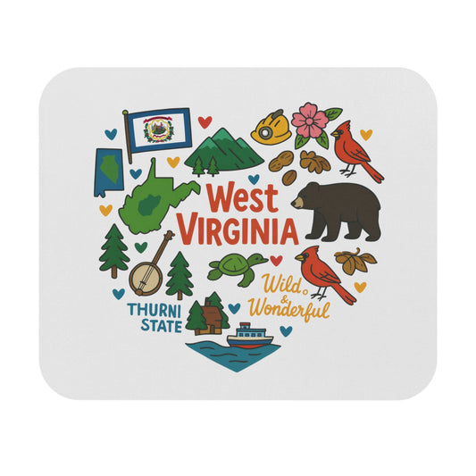 West Virginia heart-shaped illustration with state icons and "Wild & Wonderful" text.