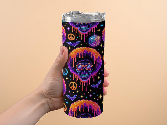 Tumbler with a black background featuring neon skulls, peace signs, bats, and disco balls.
