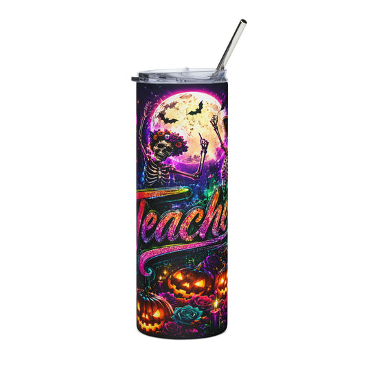 Tumbler with skeletons, pumpkins, bats, and the word "Teacher" on a Halloween theme.
