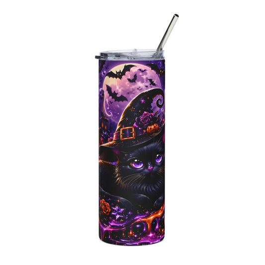 Tumbler with black cat wearing a witch hat and Halloween night scene design.