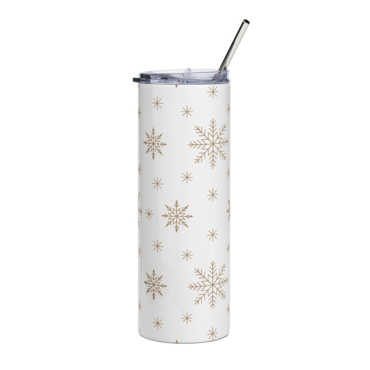 White tumbler with a repeating gold snowflake pattern and a metal straw.