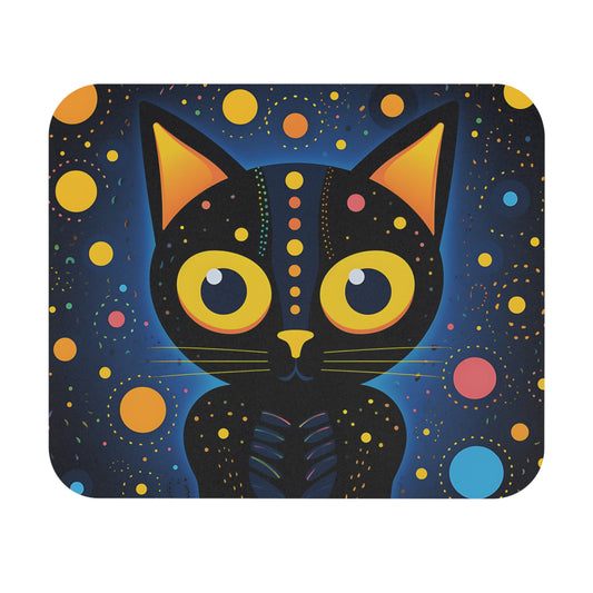 Black cat with yellow eyes surrounded by colorful dots and circles on a dark blue background.