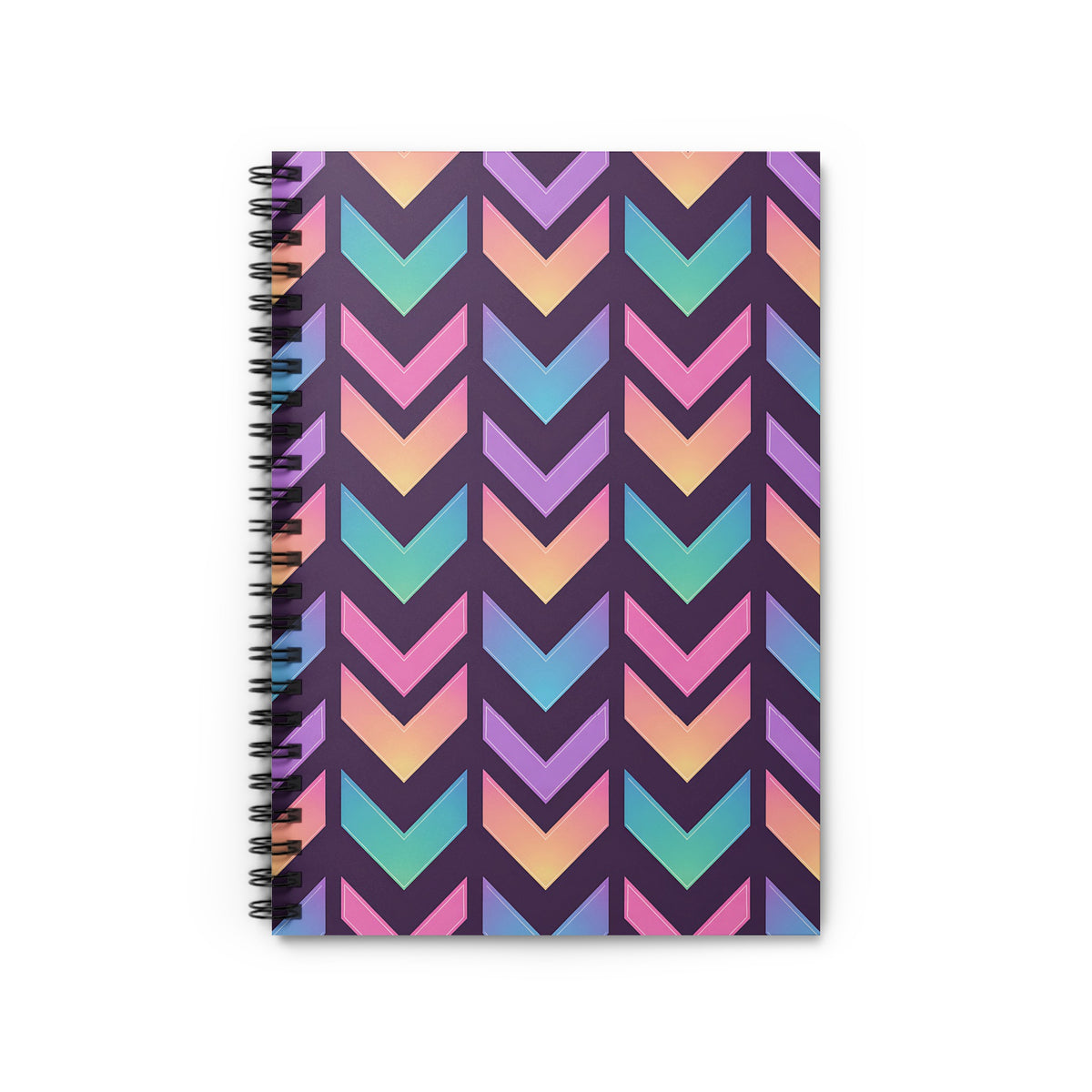 Notebook with a dark purple cover featuring a chevron pattern in pastel rainbow colors.
