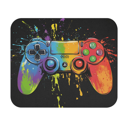 Playstation controller with a colorful paint splatter design on a black background.