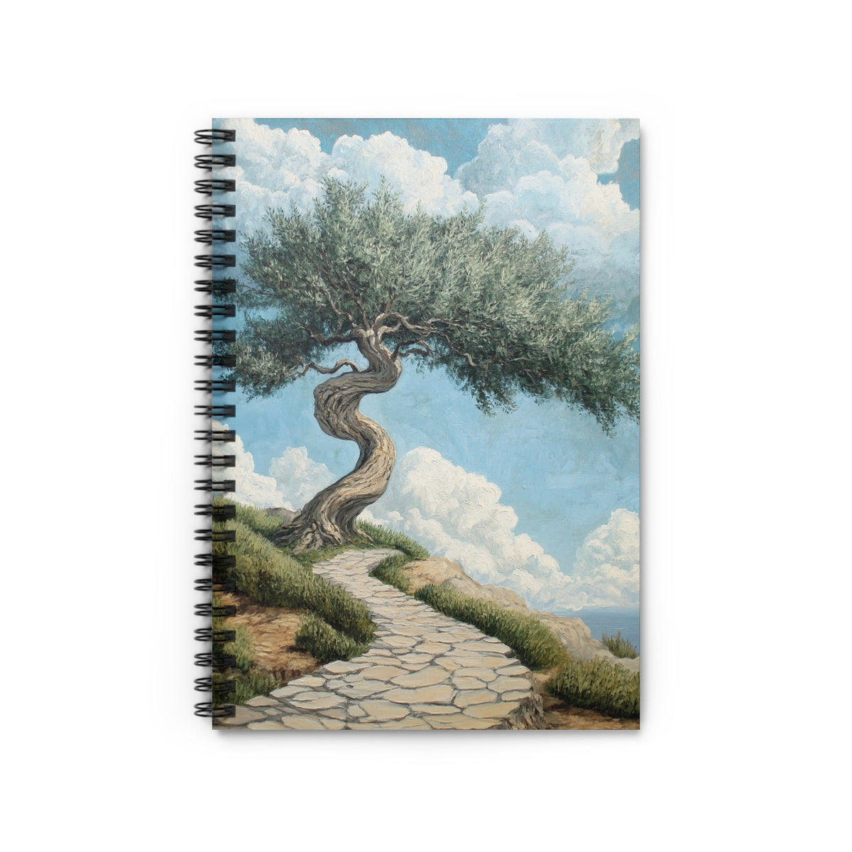 Spiral bound notebook featuring a painting of a windswept tree and stone path.