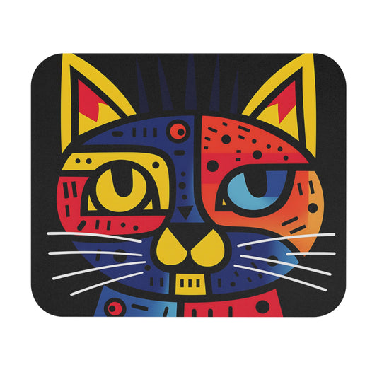 Abstract geometric cat face with vibrant colors and white whiskers on black background.