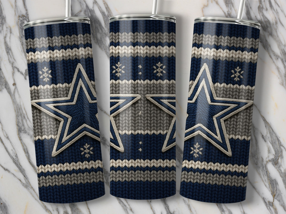 Three tumblers with a blue, grey, and white knit pattern and a star.