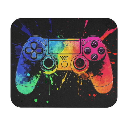 Game controller with rainbow paint splatter on black background.