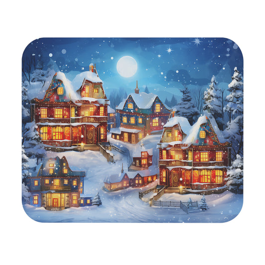 Christmas village with snow-covered houses lit by string lights under a full moon.