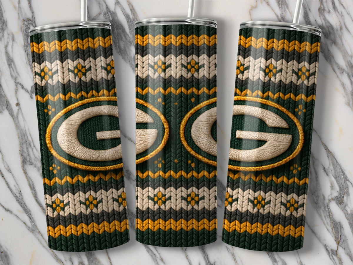 Three Green Bay Packers tumblers with a knitted sweater design and team logo.