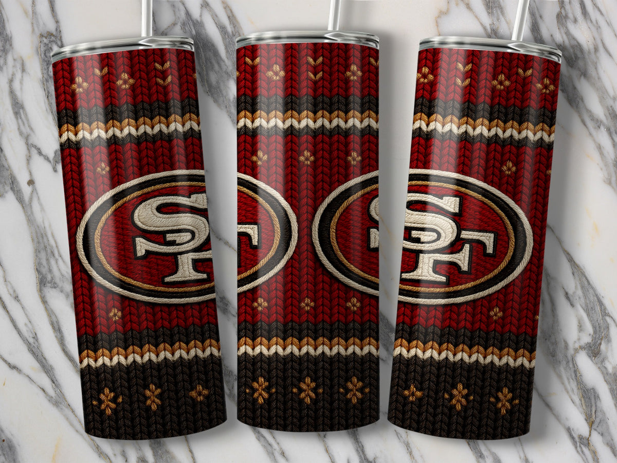 Three San Francisco 49ers tumblers with a knitted pattern and gold floral accents.