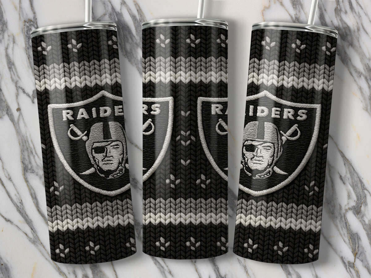 Three tumblers featuring the Raiders logo and a black and white knitted pattern.