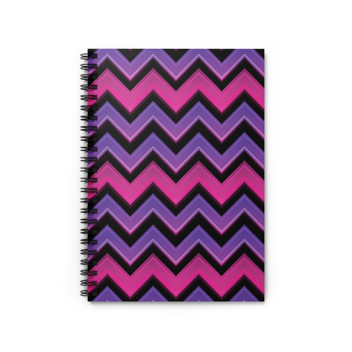 Spiral notebook with purple and pink chevron pattern on cover