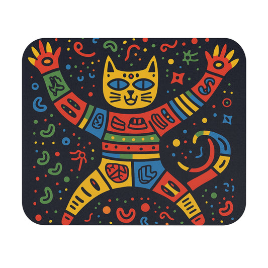 A stylized yellow cat with colorful, patterned limbs and body against a dark background with confetti.