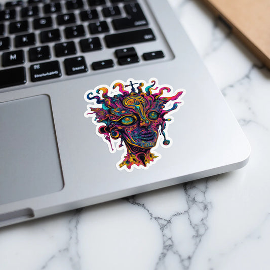 Psychedelic abstract face sticker with colorful tentacles on a laptop.