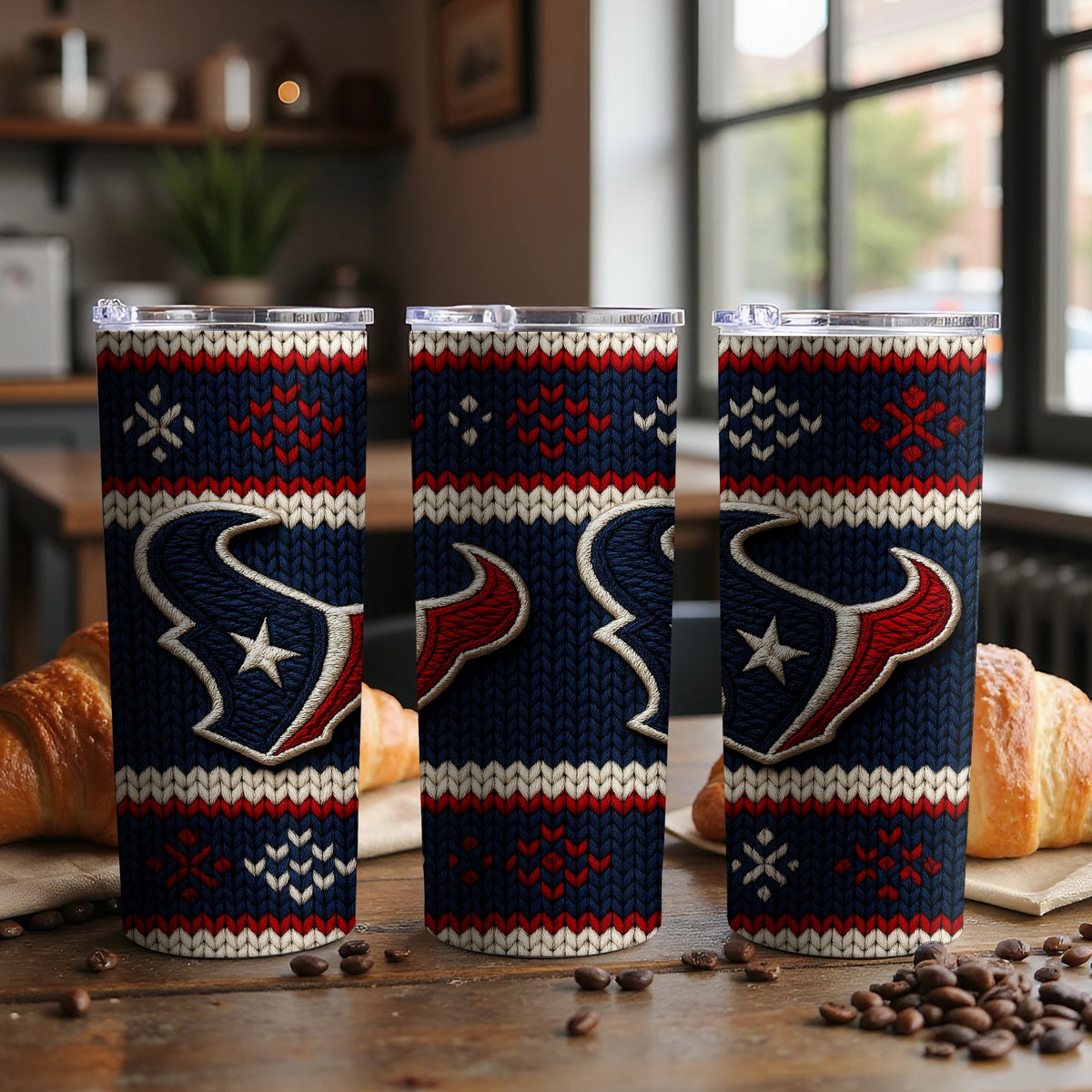 Three tumblers with Houston Texans logo and knit pattern.