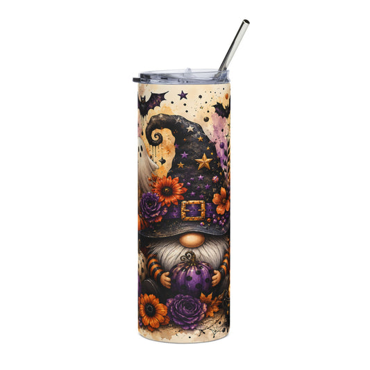 Halloween tumbler with a gnome, witch hat, pumpkin, ghost, bats, and flowers.