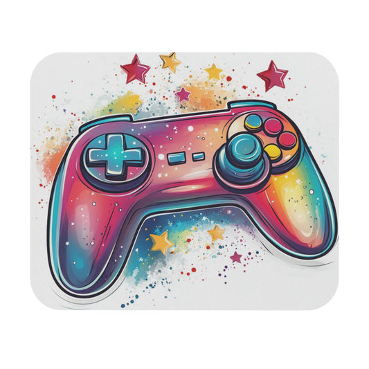 Colorful video game controller with watercolor splashes and stars.