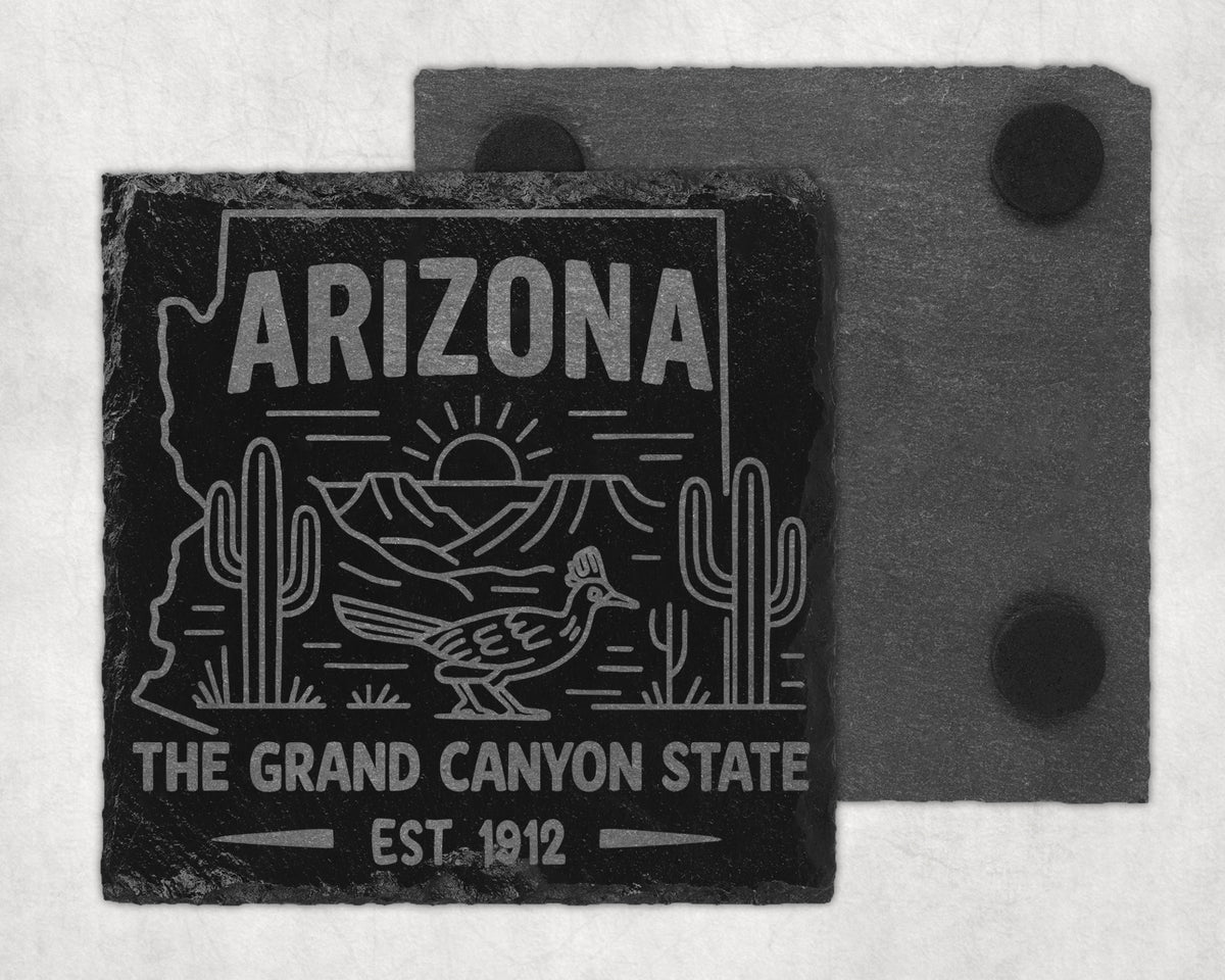 Slate coaster with Arizona map outline, desert scene, and text.