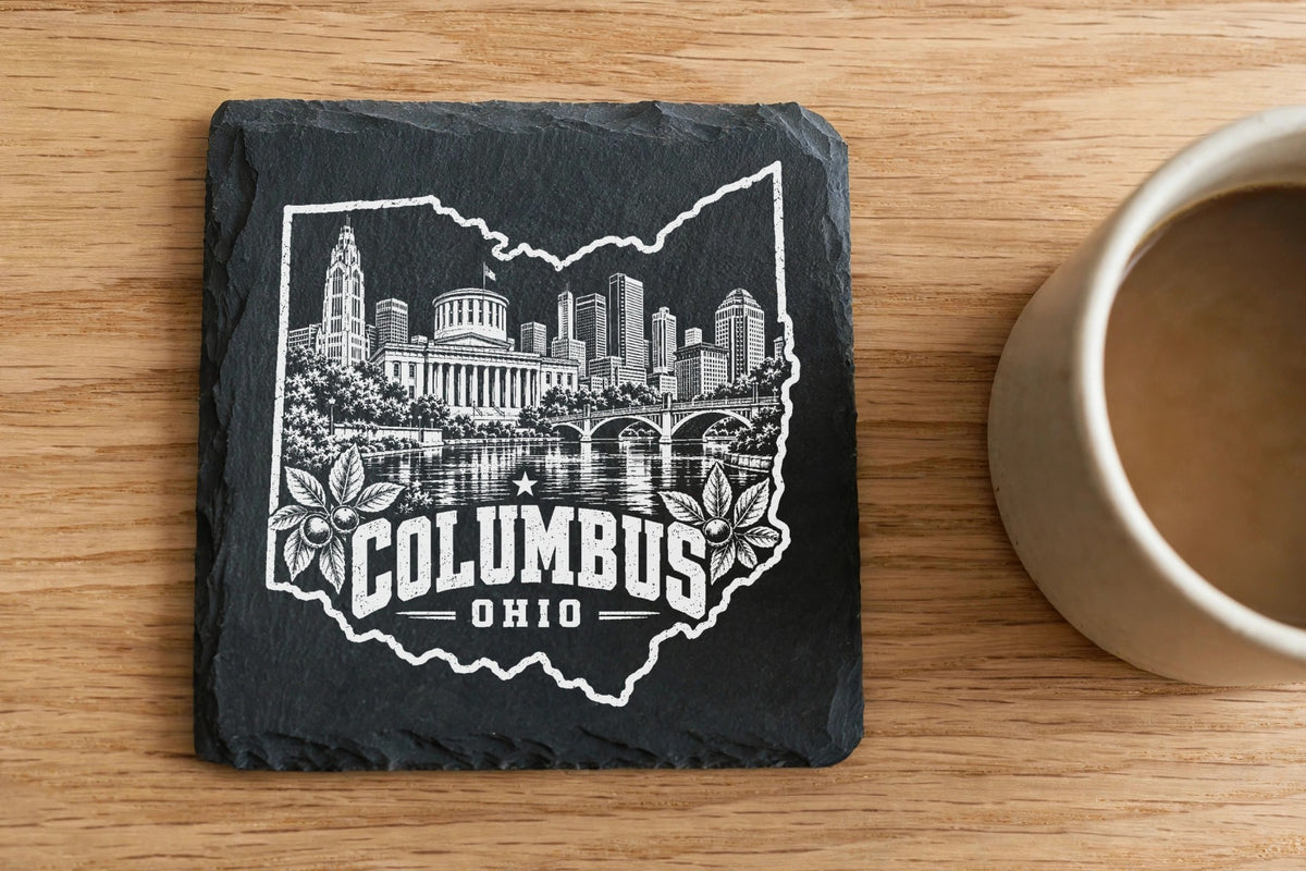 Square black slate coaster engraved with the Columbus, Ohio skyline and the word Columbus.