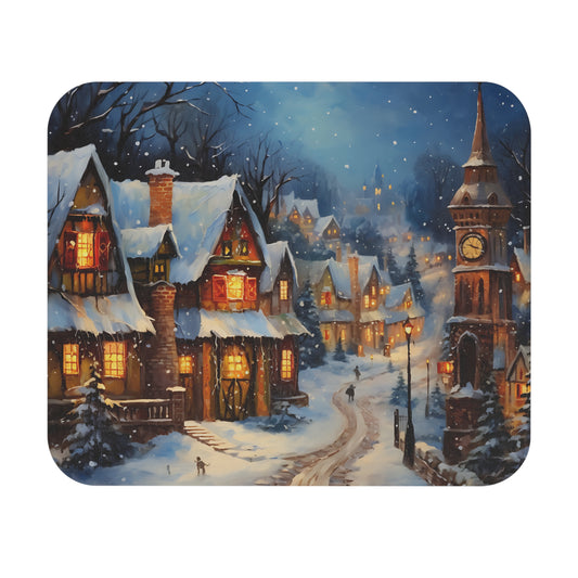 Snowy village at night with lit windows and a clock tower.