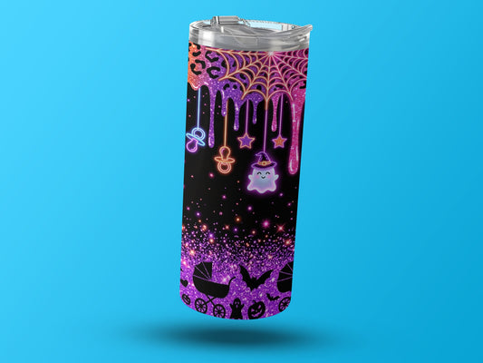 Tumbler with Halloween baby theme: ghost, stroller, bats, pumpkin, and pacifiers.