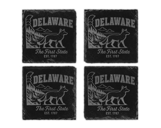 Four slate coasters engraved with "Delaware The First State EST. 1787" and a fox.