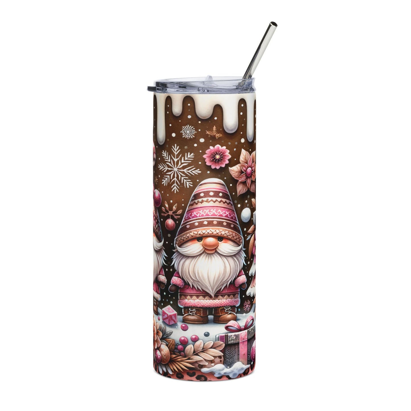 Tumbler with a brown background featuring snow, snowflakes, flowers, and gnomes.