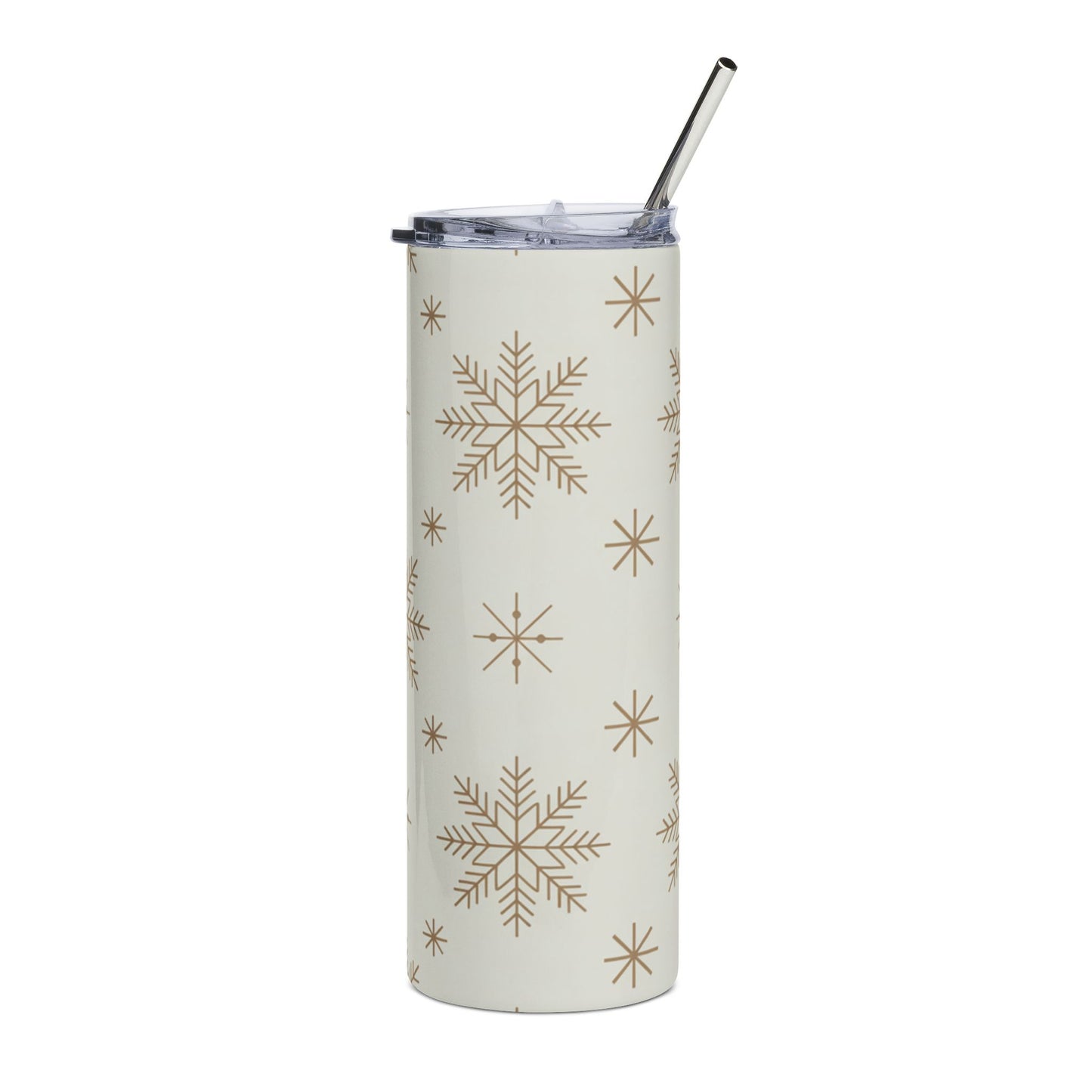 Cream tumbler with gold snowflakes and a silver straw.
