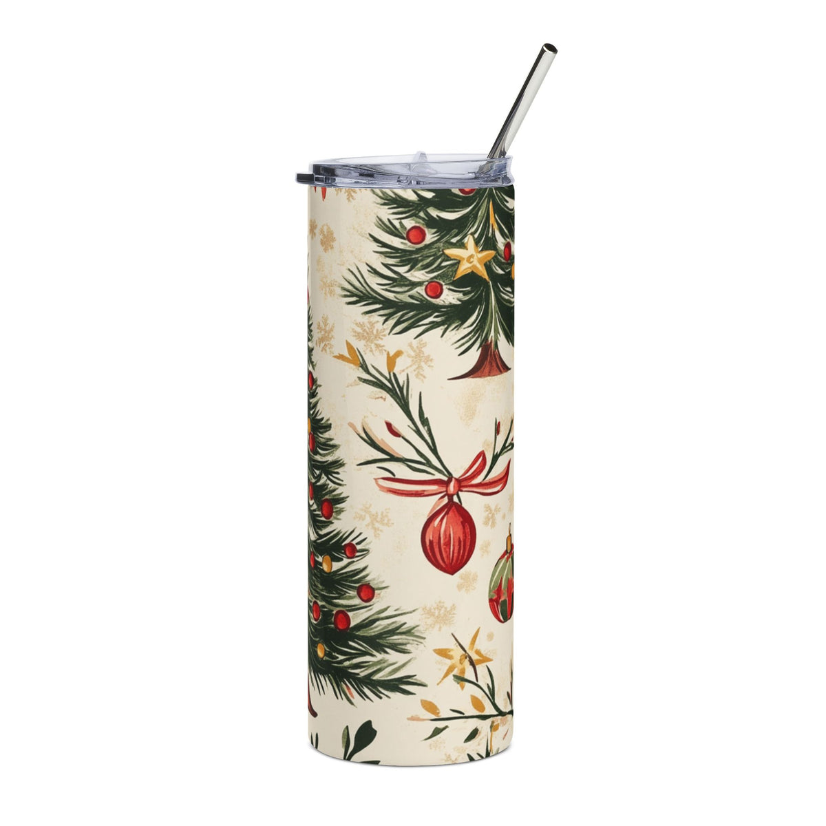 Tall tumbler with Christmas tree and ornament pattern, featuring a straw.
