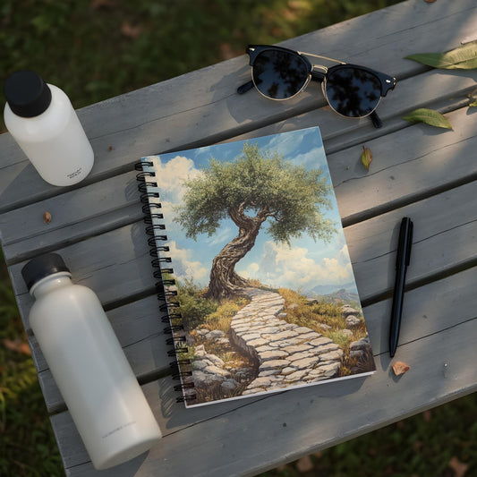 Spiral notebook with painting of ancient tree and stone path on a bench.