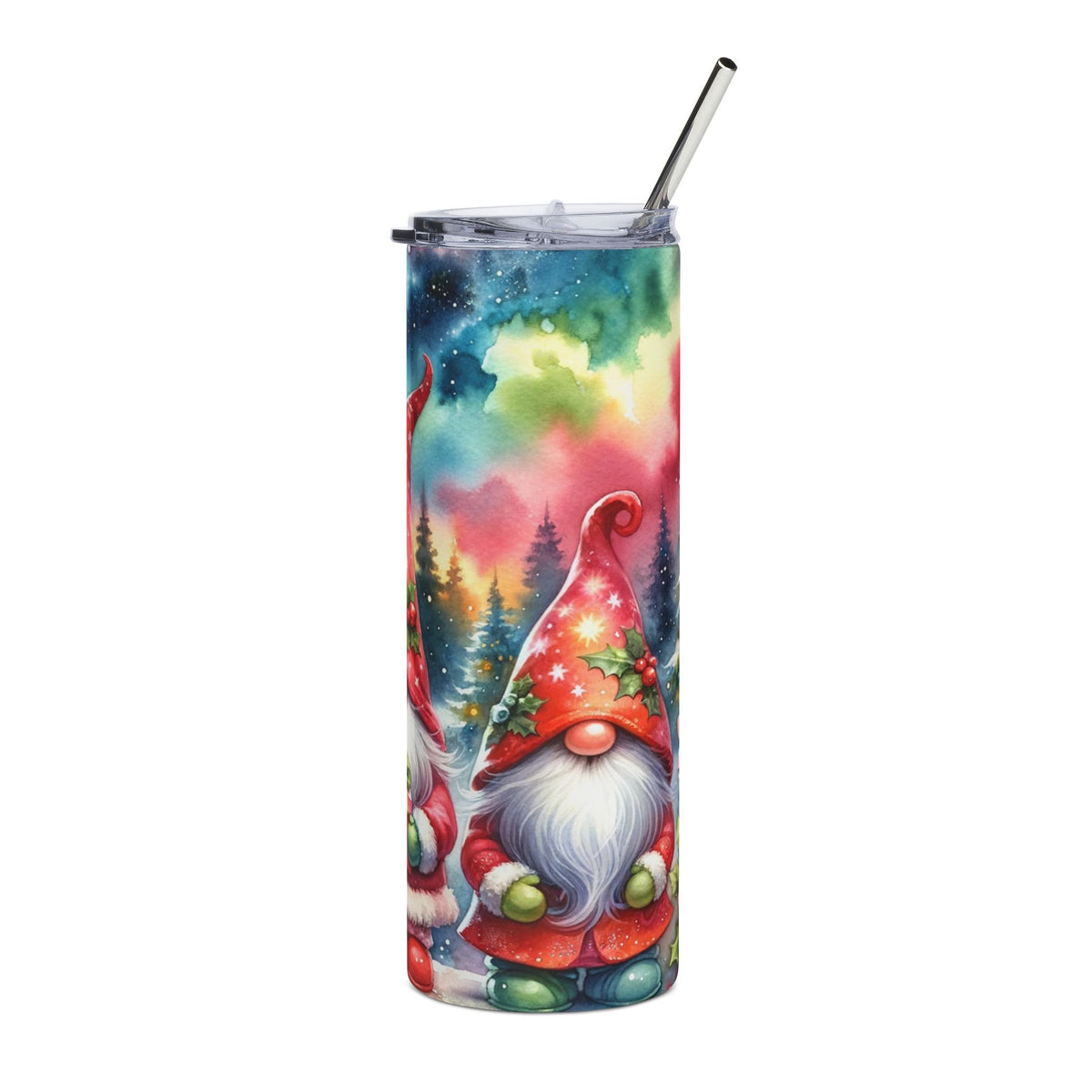 Tumbler with watercolor Christmas gnomes, evergreen trees, and a starry night sky.