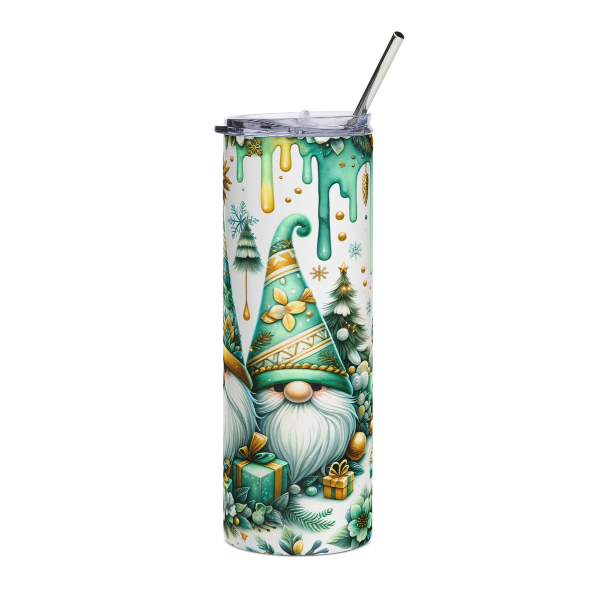 Tumbler with a gnome and Christmas tree design and a metal straw.